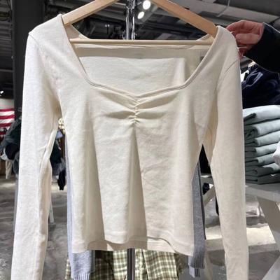 Vintage Weiße Dünne Lange T-shirts Frauen Sexy Quadrat Kragen Falten Kurze T Shirt Weibliche Herbst Süße Chic Baumwolle Tops 2022