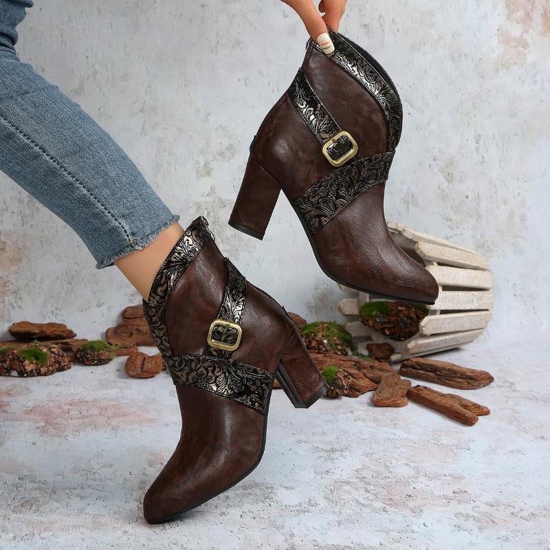 Fashion Plus Size Block Heel Booties Fall New Pointed Toe Paneled Rear Zipper Non-Slip Single