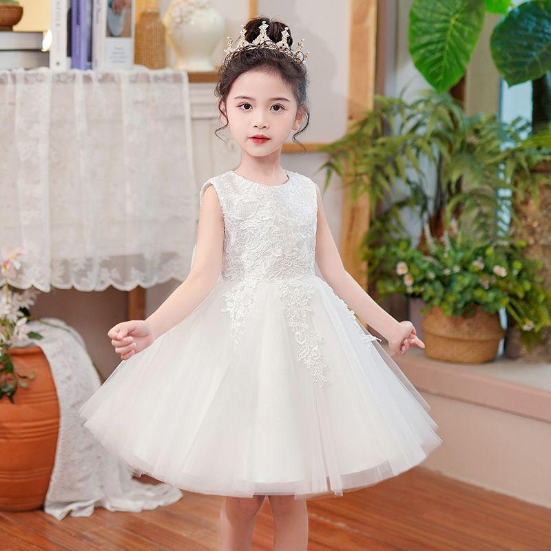 Girls Princess Dress White Tulle Sleeveless Party Kids Cute Sweet A-Line