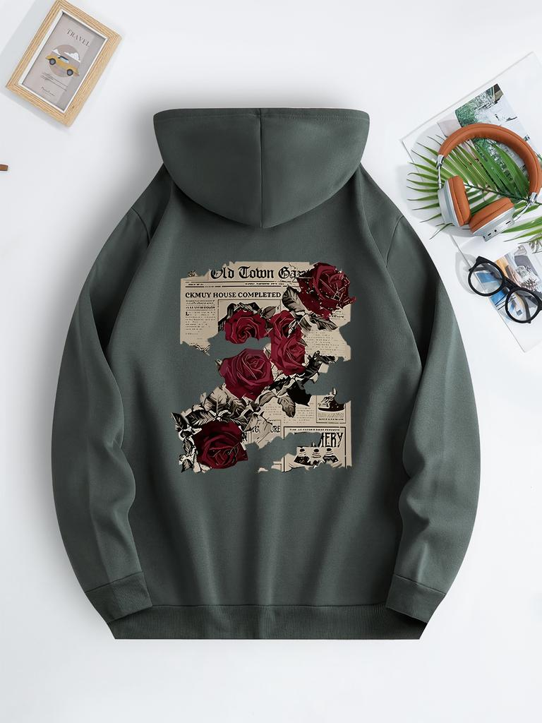 Men's Casual Rose Floral Print Hoodie, Comfortable Drawstring Hoodie, Everyday Comfortable Hoodie, Suitable for Autumn and Winter