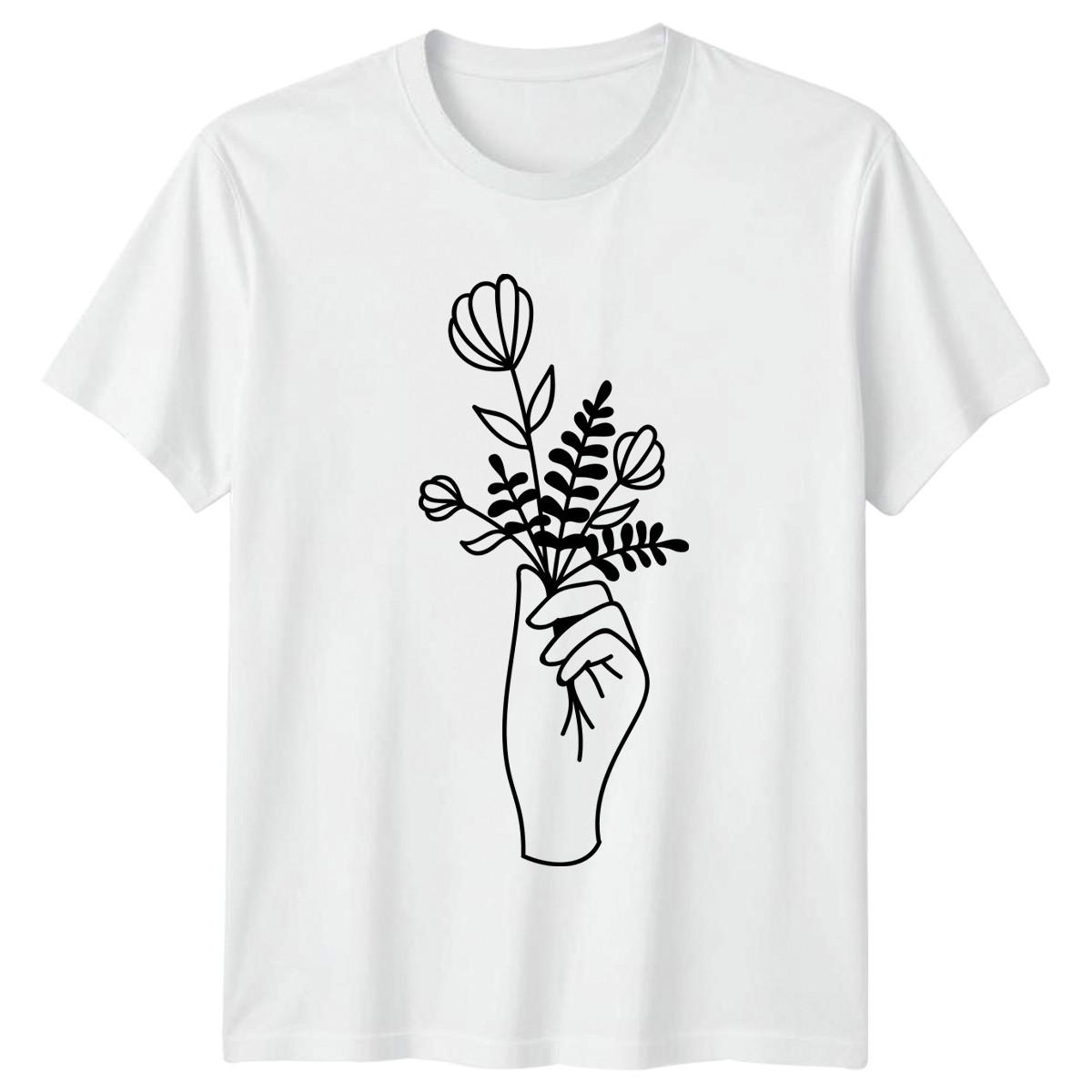 Minimalist Line Art Hand Holding T-Shirt Minimalist Floral Nature Birthday Gift S