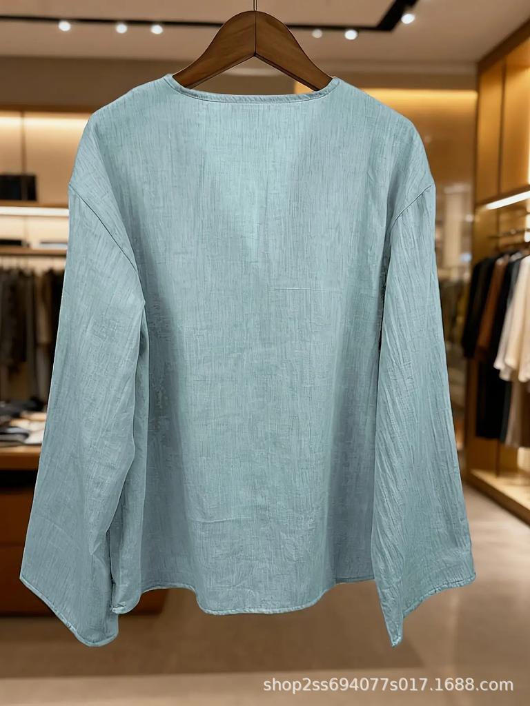 Women's V-Neck Linen Shirt: Casual Loose-Fit Long Sleeve Top for Spring & Autumn.