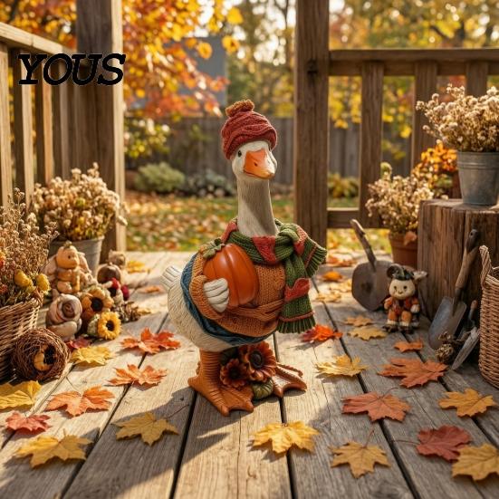 Resin Toy Decoration Autumn Pumpkin Duck Ornament, Exquisite Craft, Lifelike Animal Office Desk Figurine, Creative Home Garden Patio