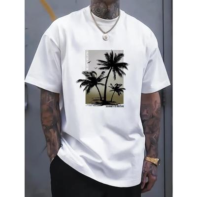 European Sizes 1pc Men'S Cotton Oversized T-Shirt with Tropical Palm Tree Print - White & Black Retro Beach Design, Breathable Summer Short Sleeve Tee