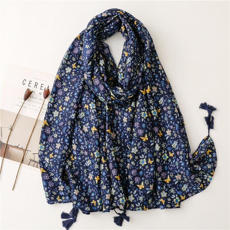 Spain Brand Lovely Lotus Floral Tassel Viscose Shawl Scarf Lady Print Soft Wrap Snood Bufandas Muslim Hijab Sjaal 180*90Cm