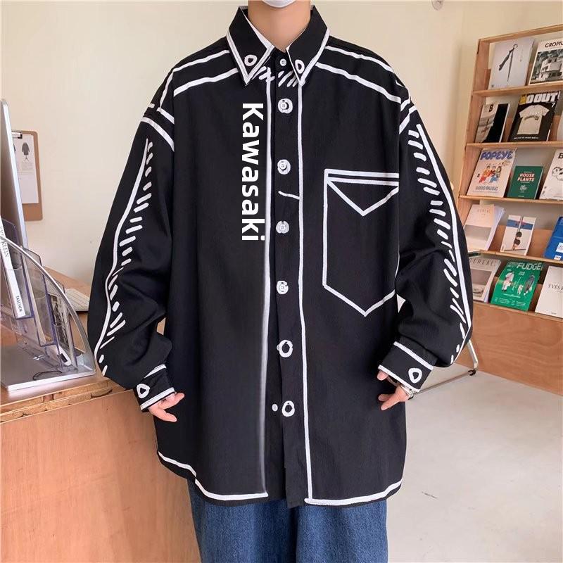 2022 Hand-Painted Graffiti Long-Sleeve Men's Loose Top - Hong Kong Style