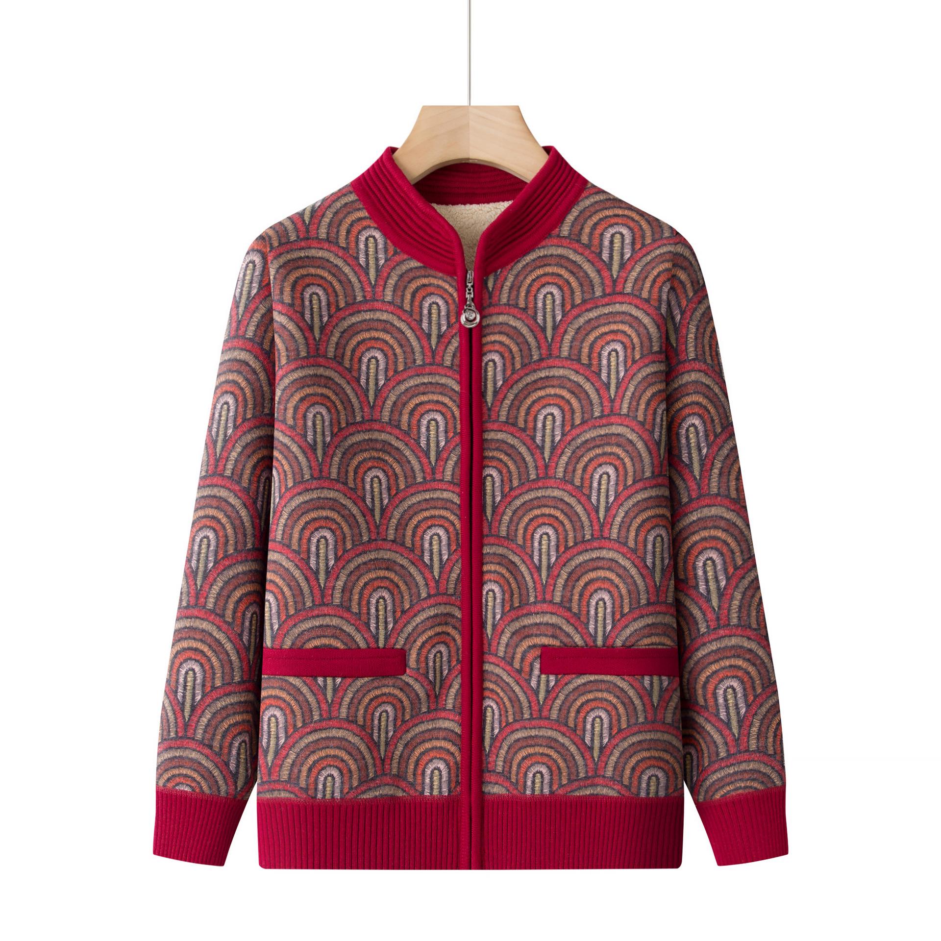 

Grandma s Plus Velvet Knitted Sweater & Lamb s Wool Coat for Autumn/Winter 3XL (120-135 lbs) вино красного