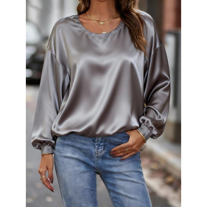 QICED Women's Fashion Casual Solid Color Print Long Sleeve O-Neck Blouses & Shirts