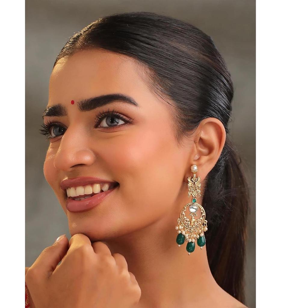Kolczyki dla Kobiet i Dziewcząt Kundans Chandbali | Pozłacane Kolczyki Wiszące z Koralikami Inkrustowanymi Kundanem