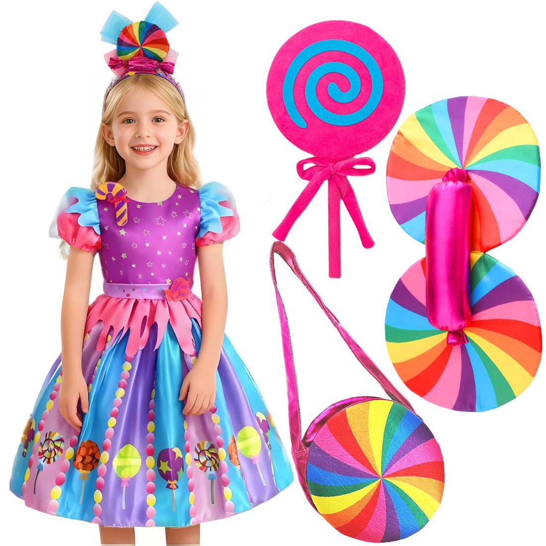 

Christmas Holiday Party New Sweet Candy Lollipop Dress Purim Carnival Party Girl Fancy Rainbow Short Sleeve Cute Dress Set M(4-5T)
