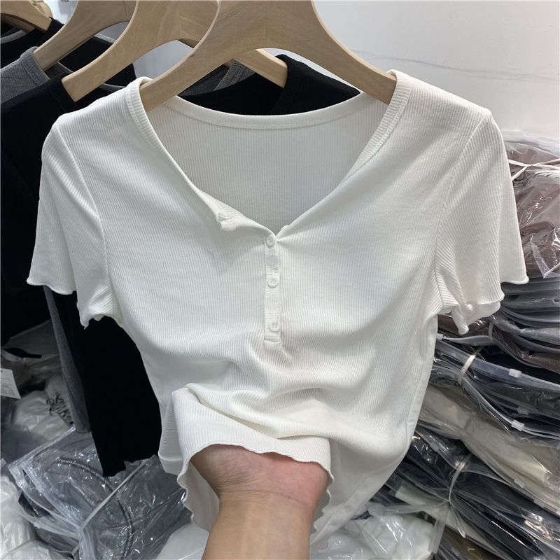 T-shirt z krótkim rękawem w stylu europejskim, damski, letni, nowy, z wysokim stanem, z elastyczną dolną częścią koszuli