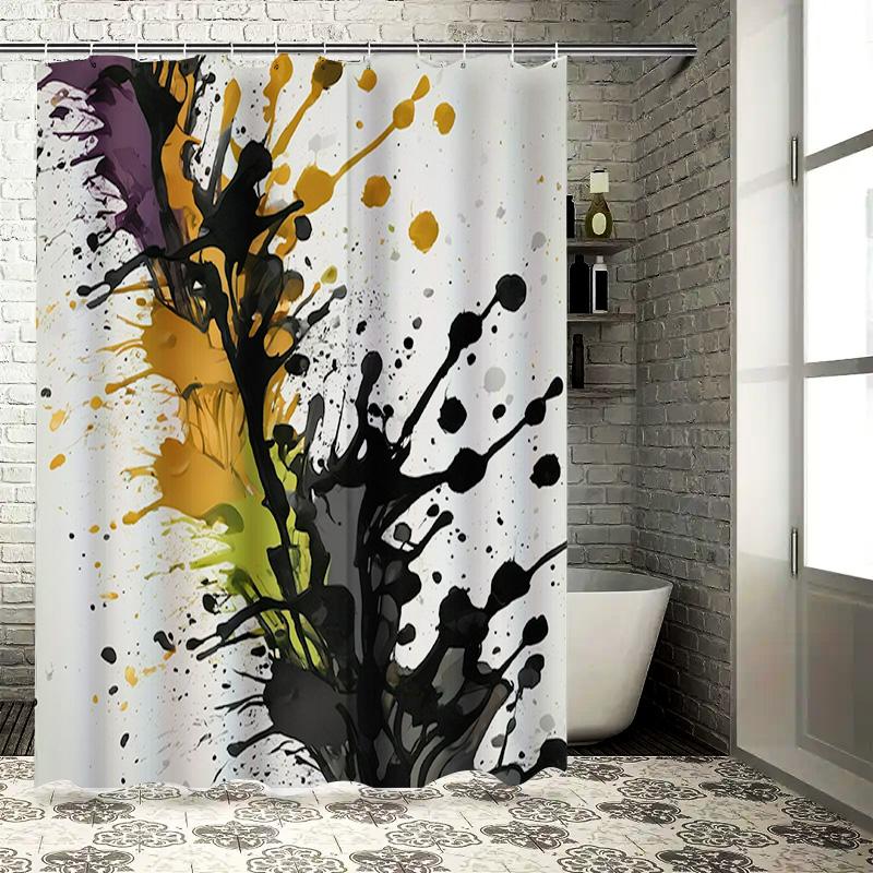 

Modern Bathroom Shower Curtain with Splatter Art Print Watercolor Floral Decor for Bathtub Set Includes Hooks (White/Black/Yello 90x180cm