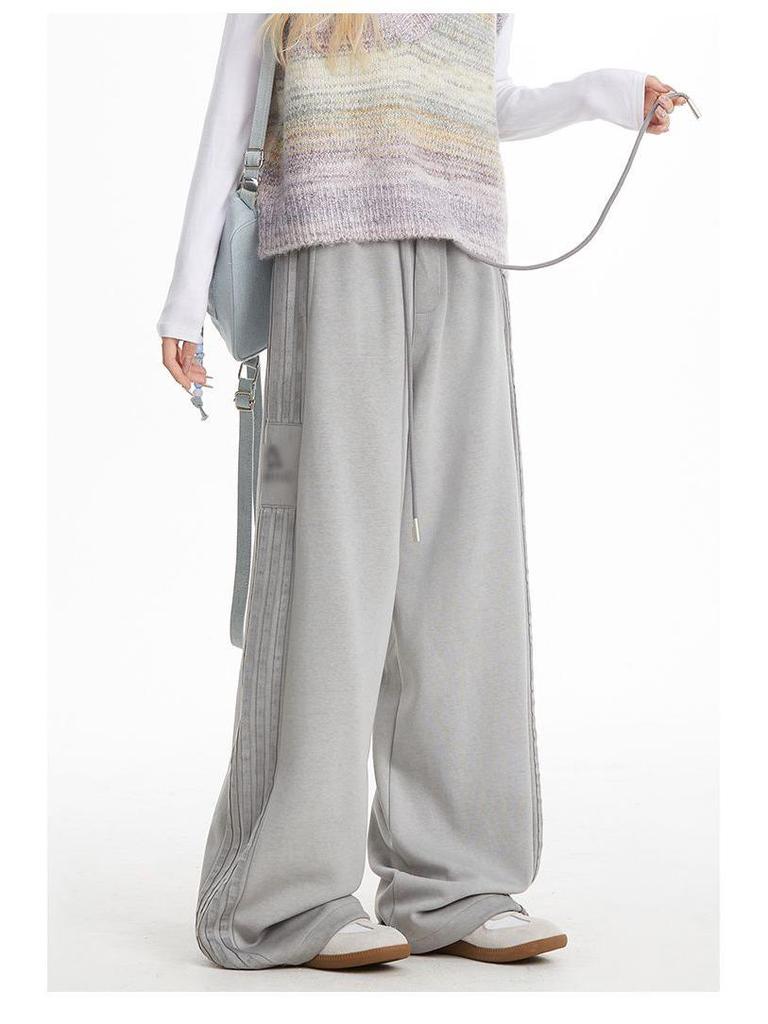 Striped Retro Pink Wide-Leg Sweatpants - Women's Jazz Dance, 300g Cotton Blend with Edging