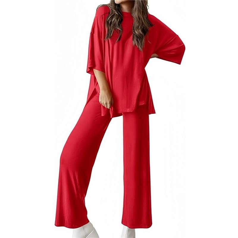 Women's 2 Piece Outfit Oversized Half Sleeve Top Wide Leg Pants Set Casual Loungewear