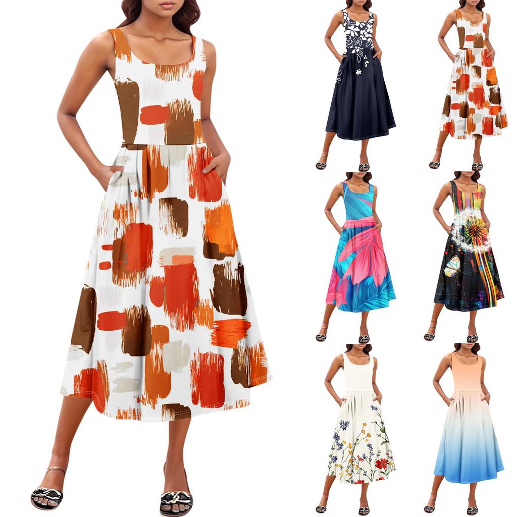 Women's  Summer Spring Casual Floral Sundress Sleeveless Beach Vacation Flowy Boho Tank Midi Dresses