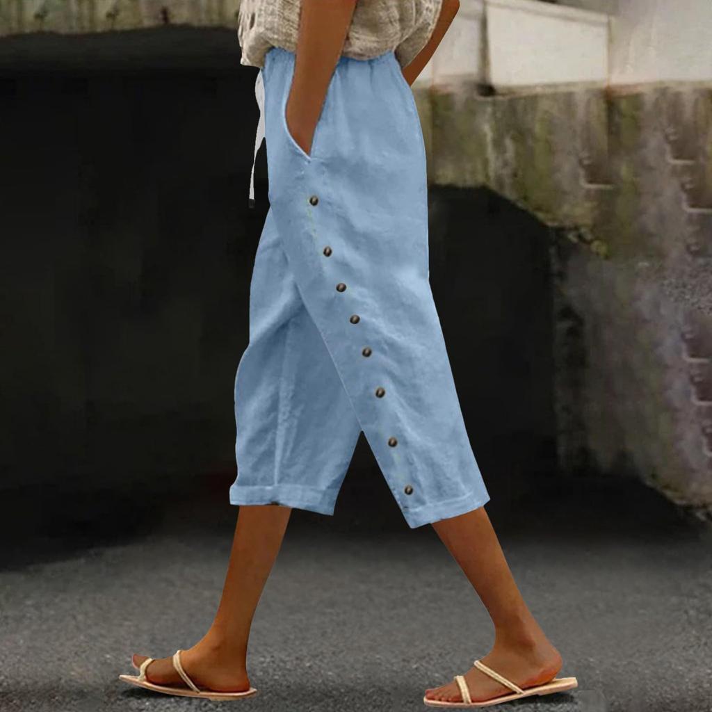 Women's Fashion Loose Casual Splicing Button Drawstring Solid Color 3/4 Pants
