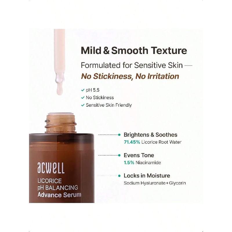 Acwell Licorice PH Echilibrant Ser Facial Avansat Ampulă 30ml - Luminozitate Și Îngrijire Pete Pigmentare Ser Facial Pentru Pielea Ternă