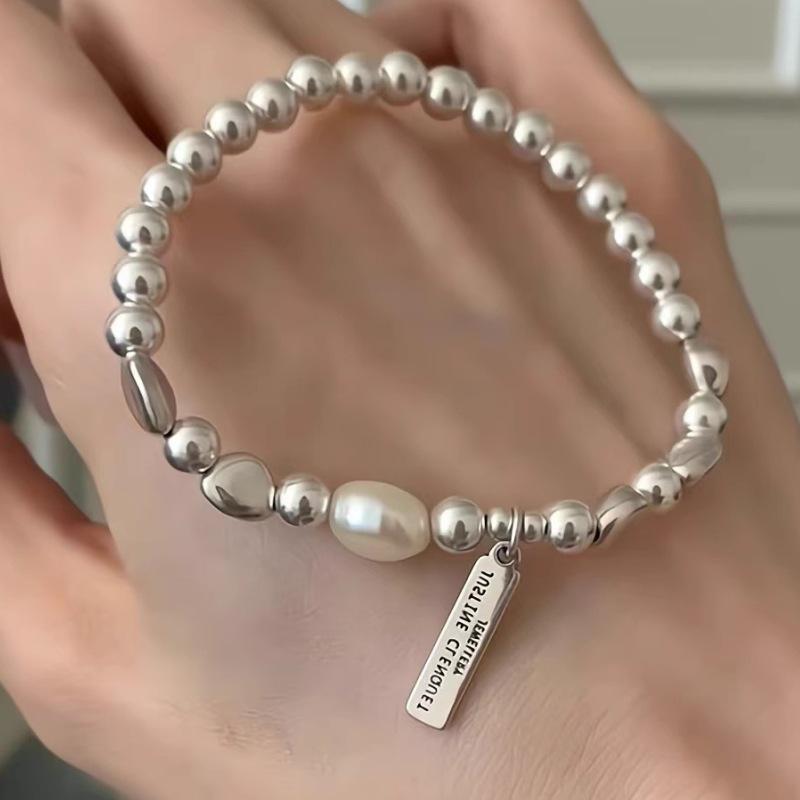 Women's High-End Silver Baroque Pearl Beaded Bracelet with Adjustable Elastic String