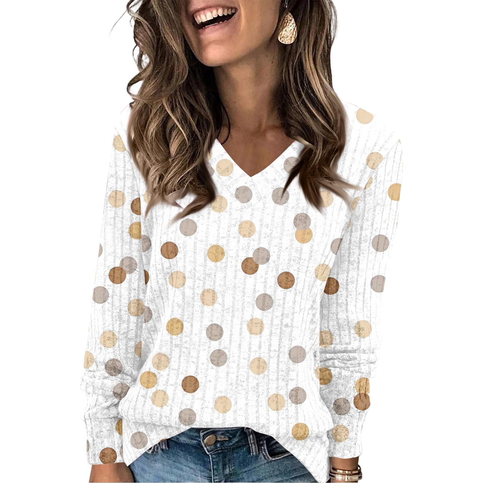 Women s Fashionable Oversized V-Neck T-Shirt With Polka Dot Print Long-Sleeved Pullover Top L