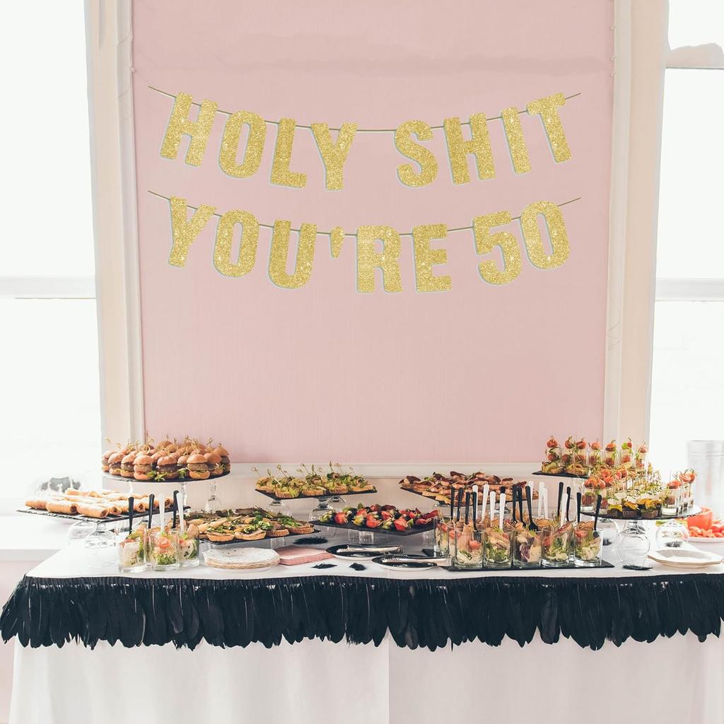 Pre-Strung 50th Party Gold Glitter Banner, Happy 50th Birthday Decorations for Men, Funny 50 Year Old Party Sign, 50th Birthday Decor for Women