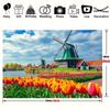 2D Dutch Windmill Tulip Scene Wall Tapestry, Spring Holland Countryside Backdrop for Living Room