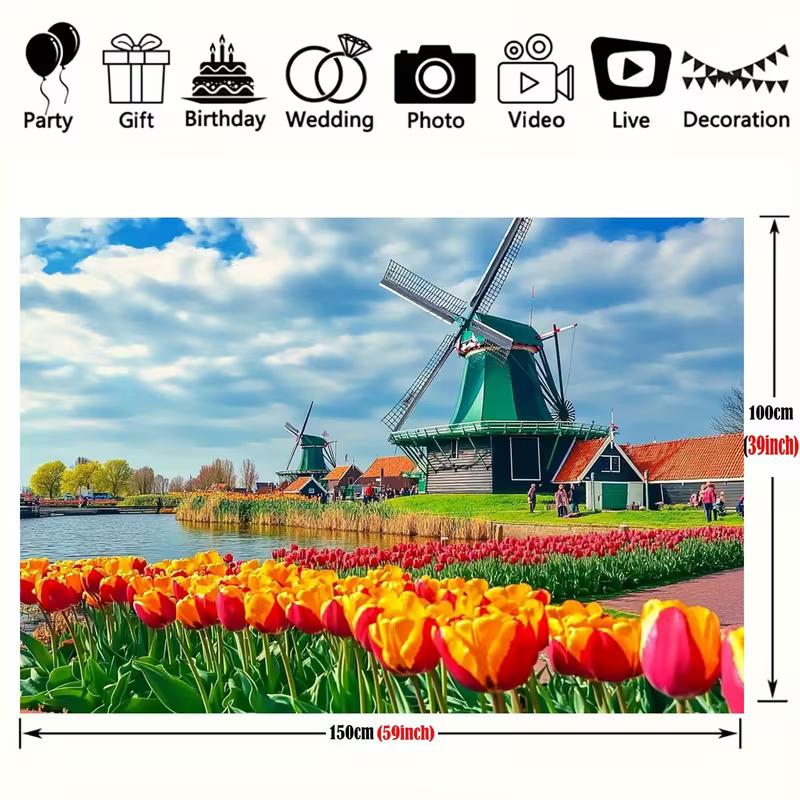 2D Dutch Windmill Tulip Scene Wall Tapestry, Spring Holland Countryside Backdrop for Living Room