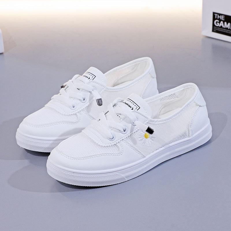 

2025 весна и лето новая женская обувь на плоской подошве, универсальная, нескользящая, повседневная, сетчатая, дышащая, туфли на платформе с маленькими ромашками, белая обувь 40 белый