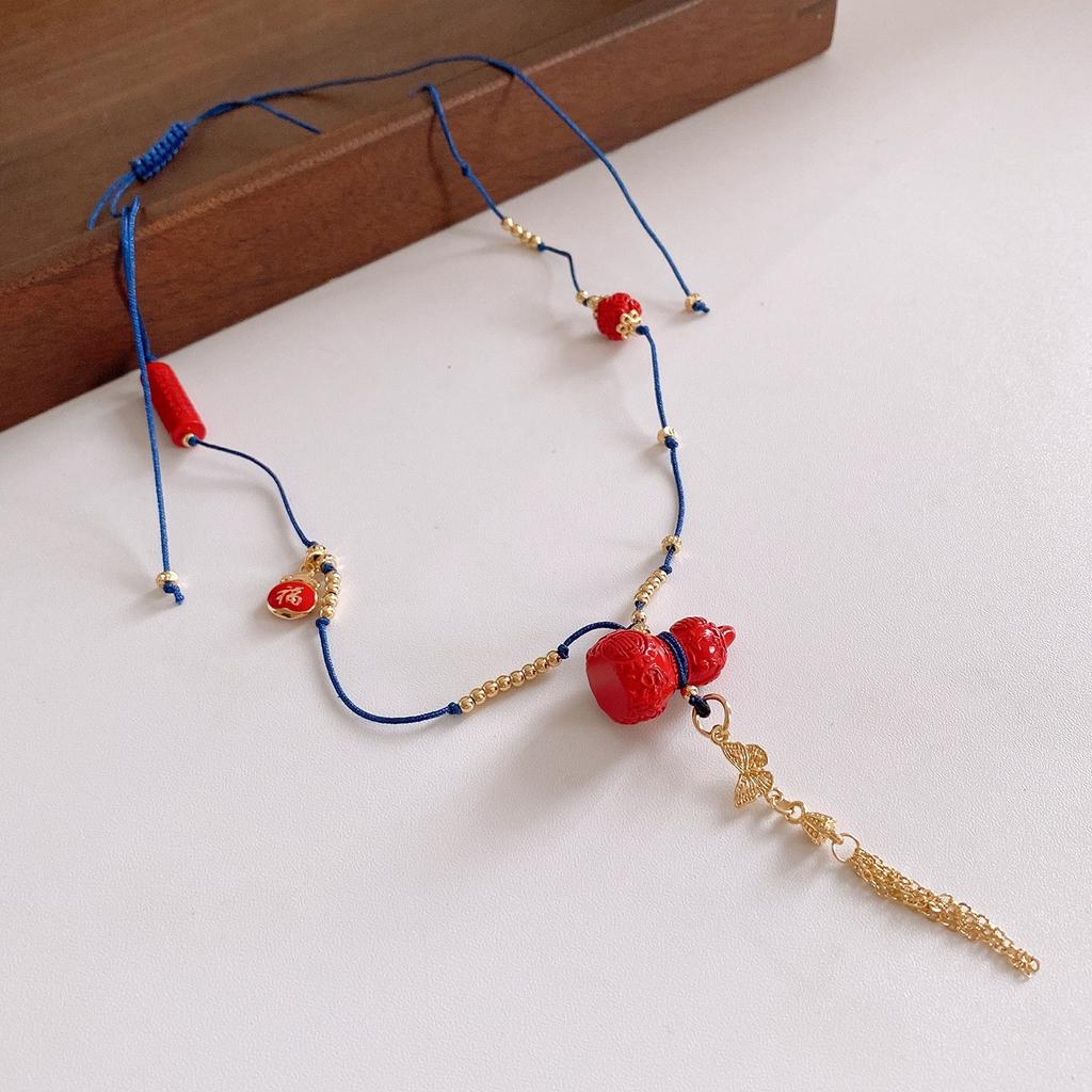 Korean fleece rope color artificial tiger's eye stone bag necklace niche design sweater chain retro necklace