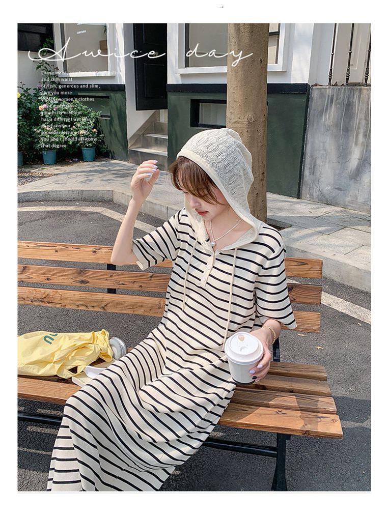 Korean Casual Striped Knit Hoodie Dress for Women, Summer College Style