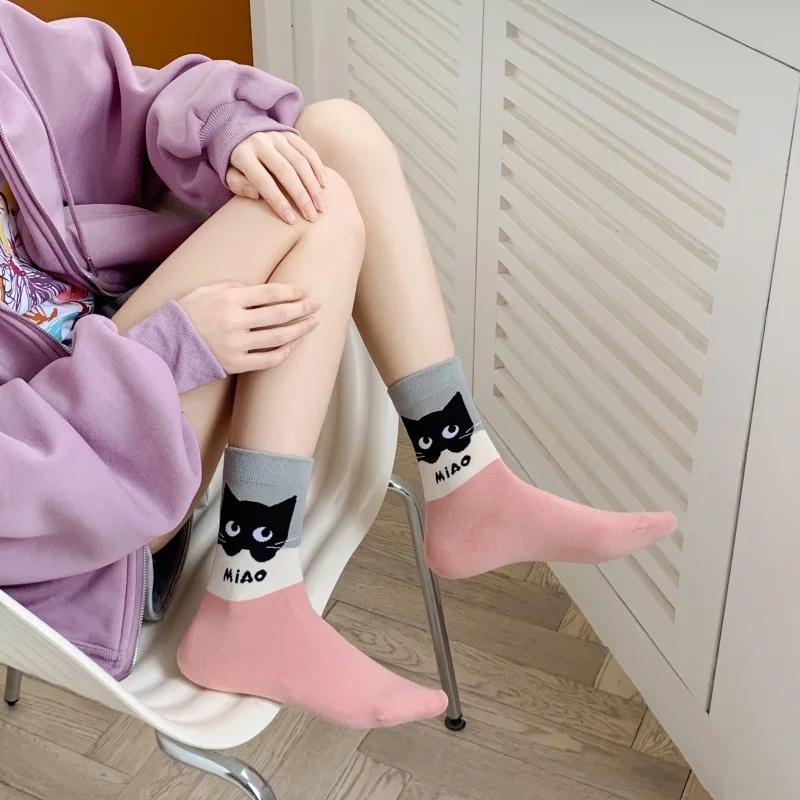 1 Pair Cartoon Cat Printed Kawaii Socks Women College Style School Girls Cute Socks Casual Harajuku Retro Middle Tube Socks
