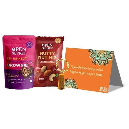 Offener Geheimnis-Geschenkkorb mit Schokoladen-Brownies und gesunden Trockenfrüchten und Nüssen | 4-Artikel-Geschenk-Kombi - Schoko-Mandel-Brownie, Trockenfrucht- & Nussmischungen