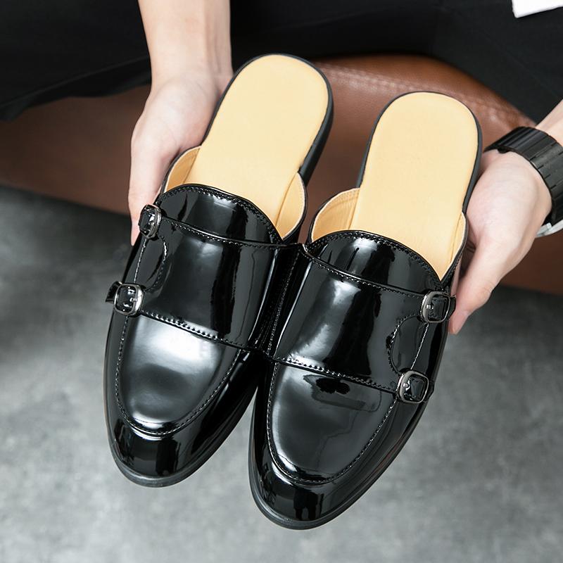 Black Half Shoes for Men Glossy Mules Slippers Leather Shoes Casual Shoes Men Fashion Social Masculino Mocassin Homme Chaussure