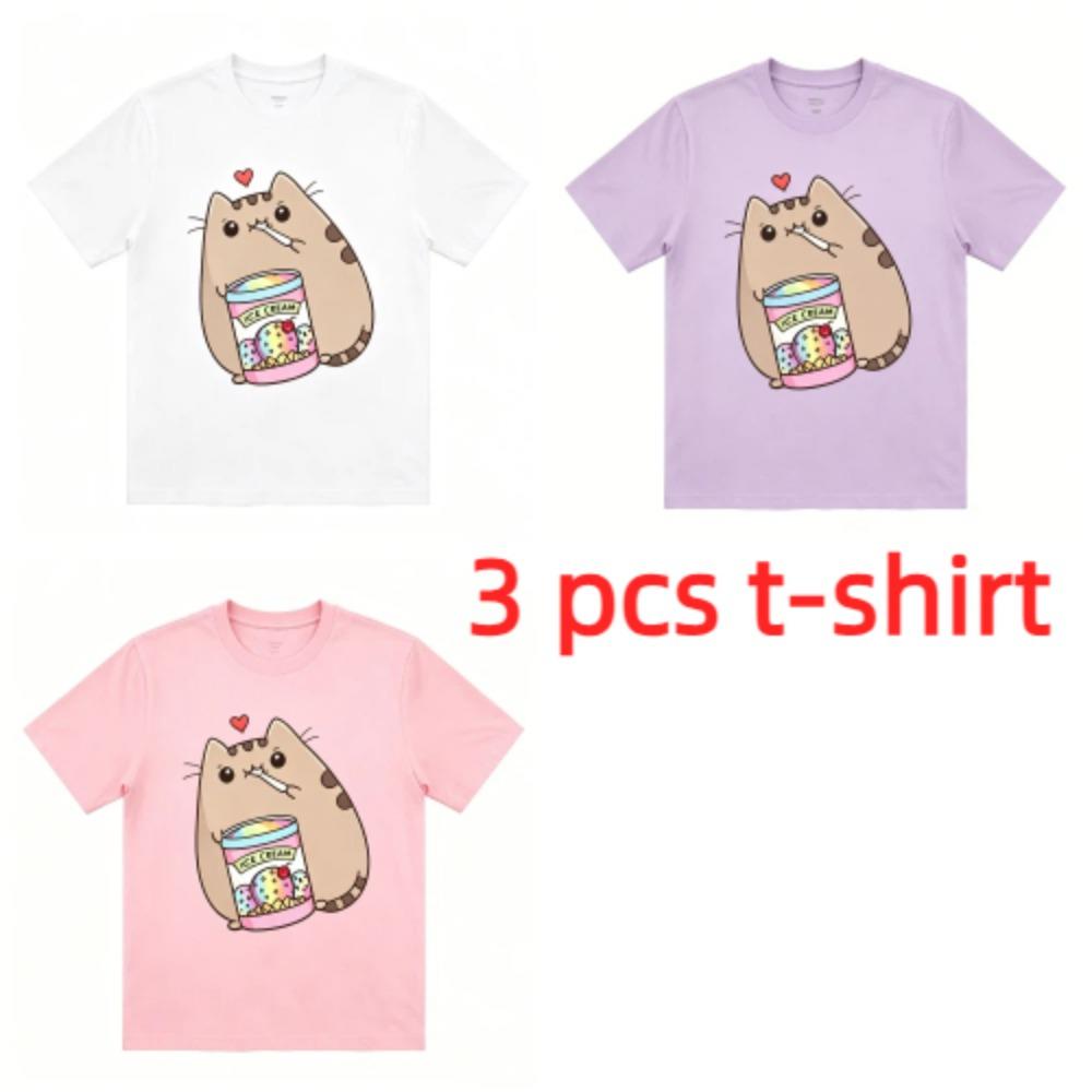A Cat That Eats Snacks Print Kids T-Shirts Summer Fashion Street Outdoor Casual T-shirt Tops for Boy and Girl's Tees Top