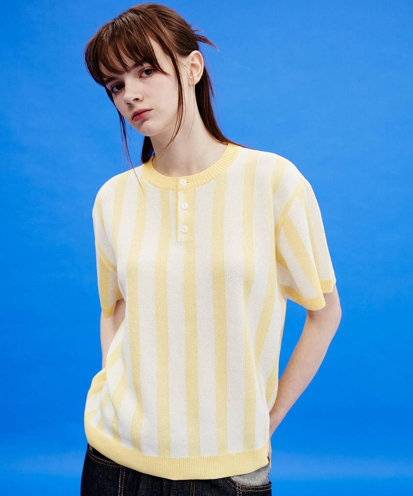 WAIKEI Striped Henley Neck Short Sleeve Knit Light Yellow
