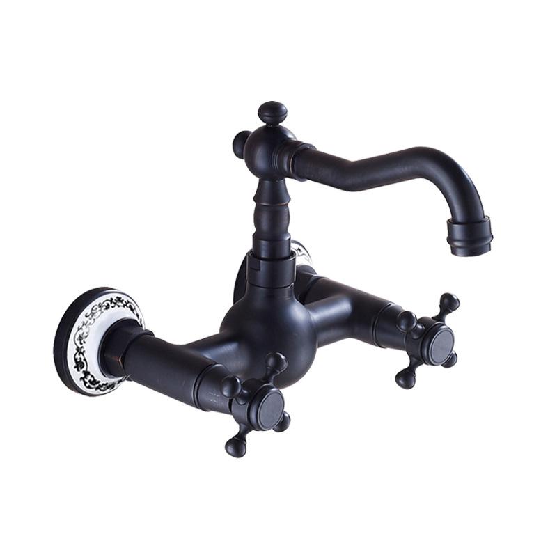 Antique Wall Mounted Basin Faucets Bathroom Black Dual Handles Bathtub Faucet Hot Cold Water Mixer Tap Torneira Do Banheiro Gold