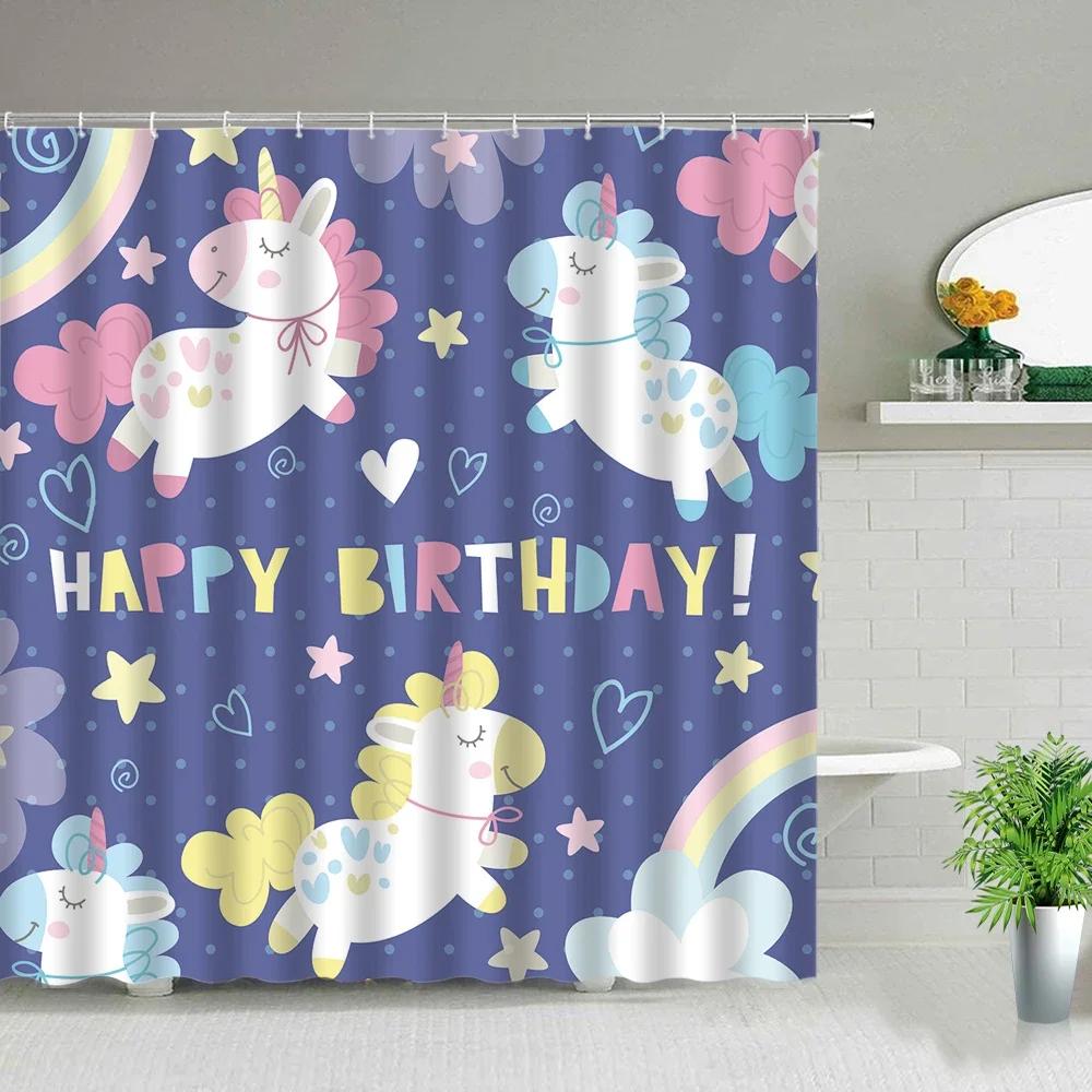 Cartoon Animal Unicorn Shower Curtains Rainbow Butterfly Kids Baby Bathroom Decor Bath Curtain Set Waterproof Fabric