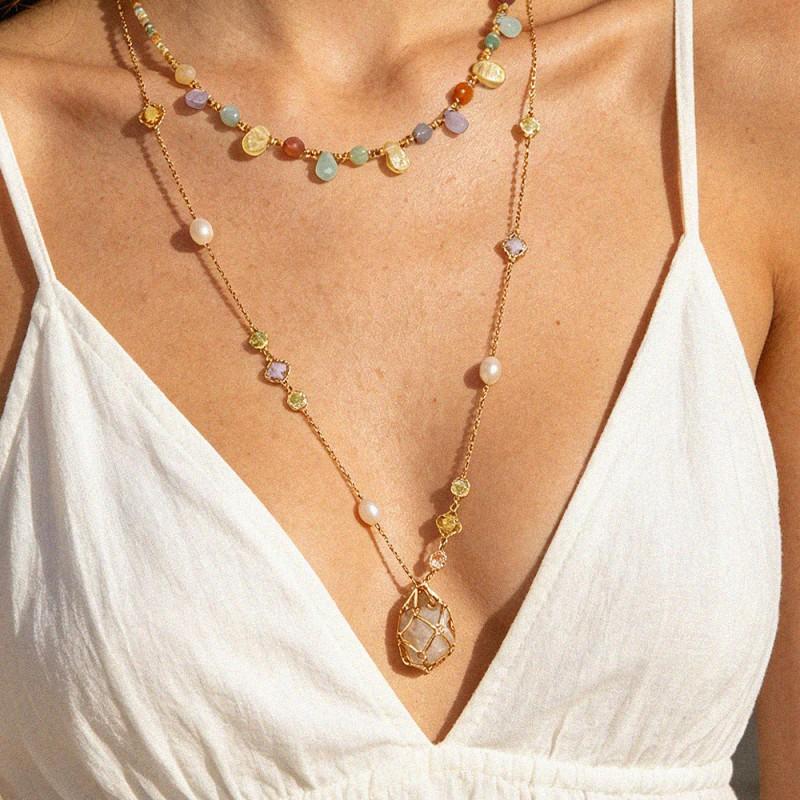 Gentle Water Drop Natural Stone Beaded Layered Necklace Handmade Mesh Crystal Long Choker Set Of 2