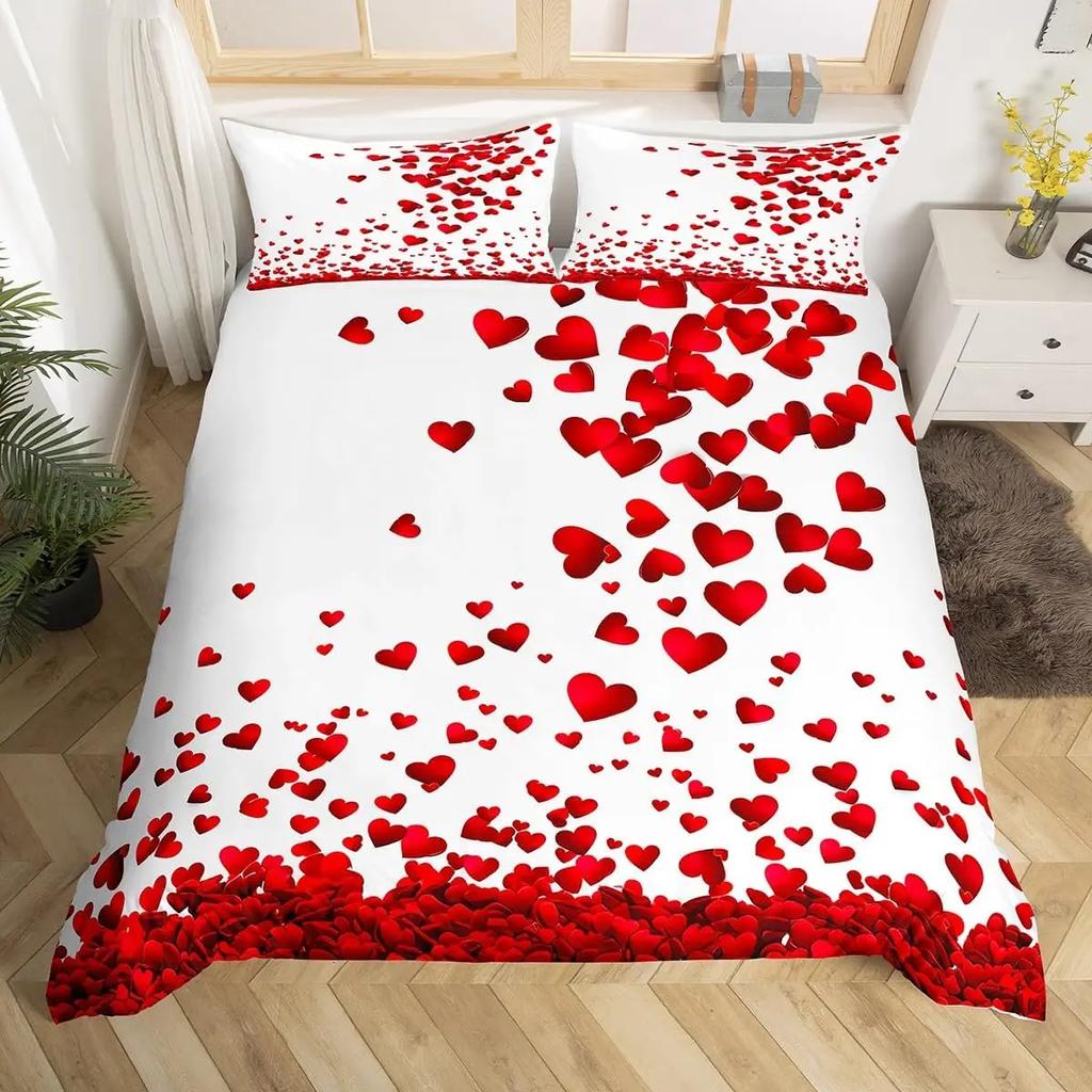 Red Roses Duvet Cover Twin Queen Happy Valentine'S Day Bedding Set Romantic Flowers Comforter Cover Cute Love Heart Quilt Cover