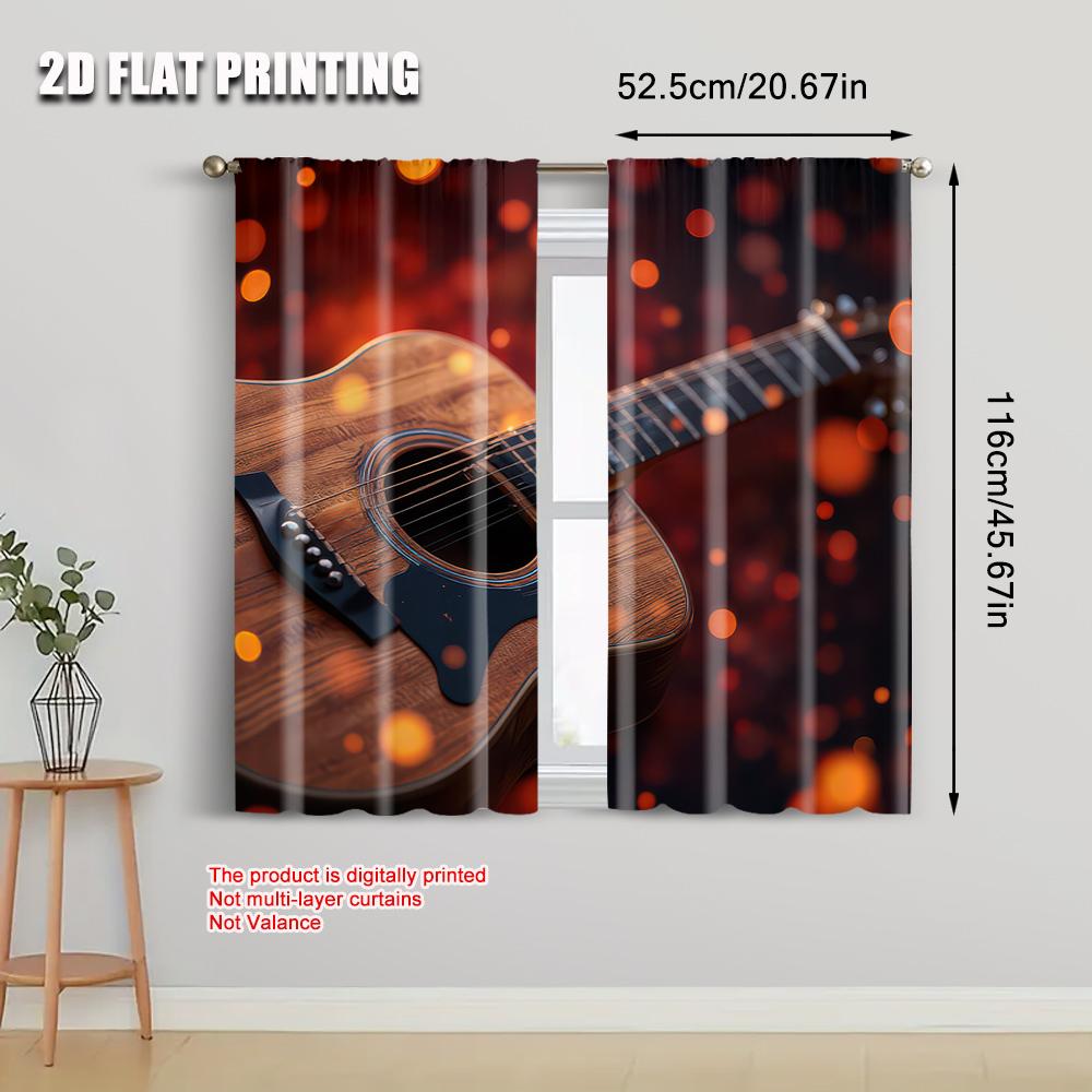 Elegant Set Of 2 Flat Printing Scene Curtains Wooden Guitar Bokeh Fabric Without Electricity Birthday Party Applies Polyester Curtain Made