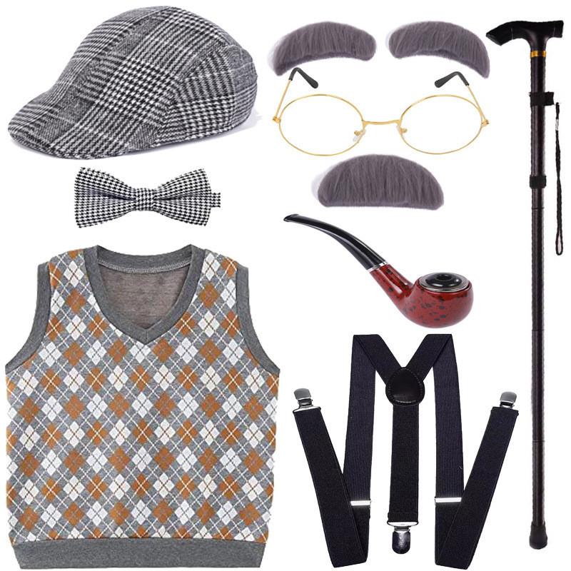 Halloween Costume Set For Kids Featuring Short Black Wig And Grandpa Beard Accessories