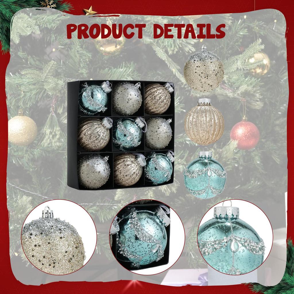 9x Glitter Christmas Ball Ornaments Table Centerpiece Shatterproof Xmas Tree Hanging Decorations for Club Fireplace Bar Festival