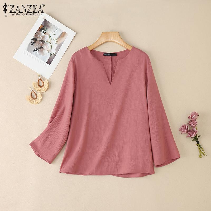 ZANZEA Women Casual V-Neck Solid Color 3/4 Sleeve Loose Blouse