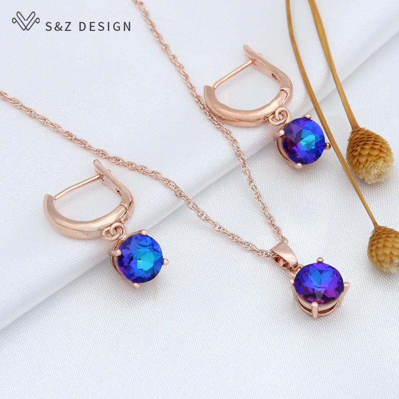 Fashion Rose Gold Color Round Crystal Drop Earrings Pendant Necklace Jewelry Sets For Women Wedding Party Gift