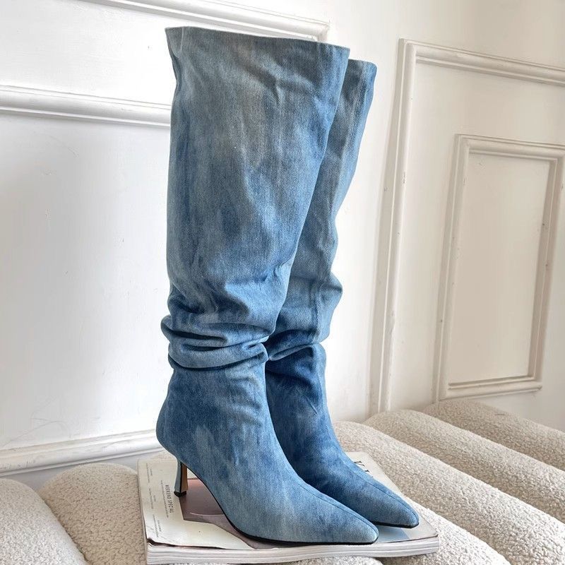 Na podzim a v zimě 2025 nové dámské špičaté boty na vysokém podpatku, vysoké boty na tenkém podpatku, široká holeň a velký obvod holeně, denim sta