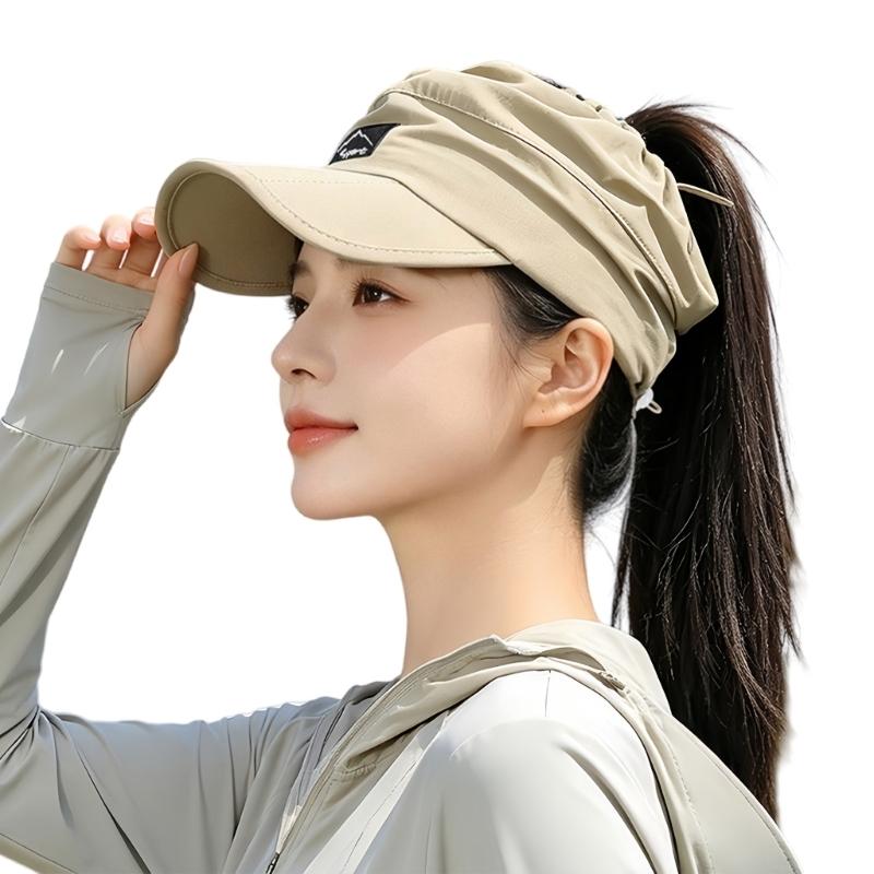 Women's Packable Open-Top Sun Hat Cap, Breathable Nylon Ponytail Style with Front Bill for Hiking and Holiday Travel