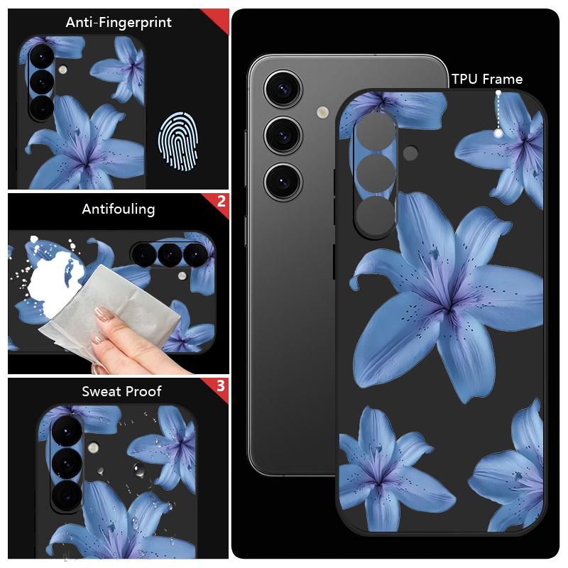 Blue Lily Printed Phone Case For Samsung Galaxy A17 A56 A16 A55 A15 A25 A36 A26 5G S25 Edge S23 S24 Ultra S24 S25 FE TPU Lanyard Cover