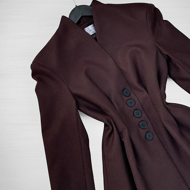 2025 Damen Einfarbiges Kurzes Anzujackett mit Taillenbetonendem Knopfrevers und Langen Ärmeln