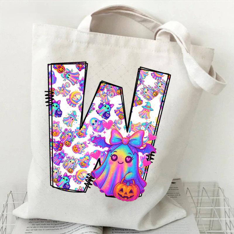 Halloween Alphabet Canvas Bag Going Out Portable Handbag Women's Large Capacity Casual Shoulder Crossbody Bag