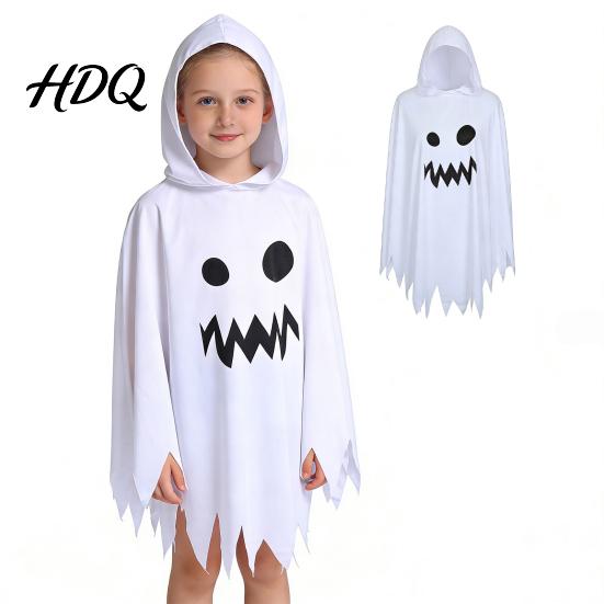 Halloween Ghost Cloak with Hood Loose Fit Irregular Hem Costume Parent Child Matching Outfits for Cosplay Party White Spooky Pullover Cape