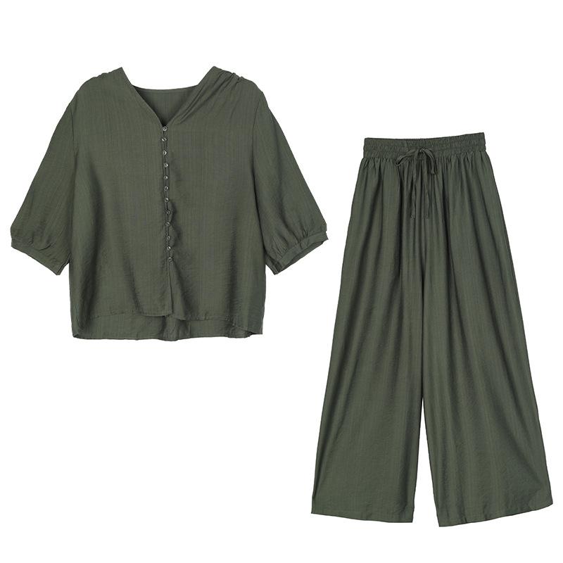 Summer Casual Korean Style Slimming Suit Top and Bottoms 2-Piece Set for Middle-Aged Mothers Fashionable Bell Bottoms
